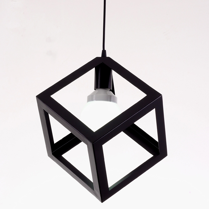 Modern Single Light Pendant with Square Black Metal Framework Small Pendant Light window image