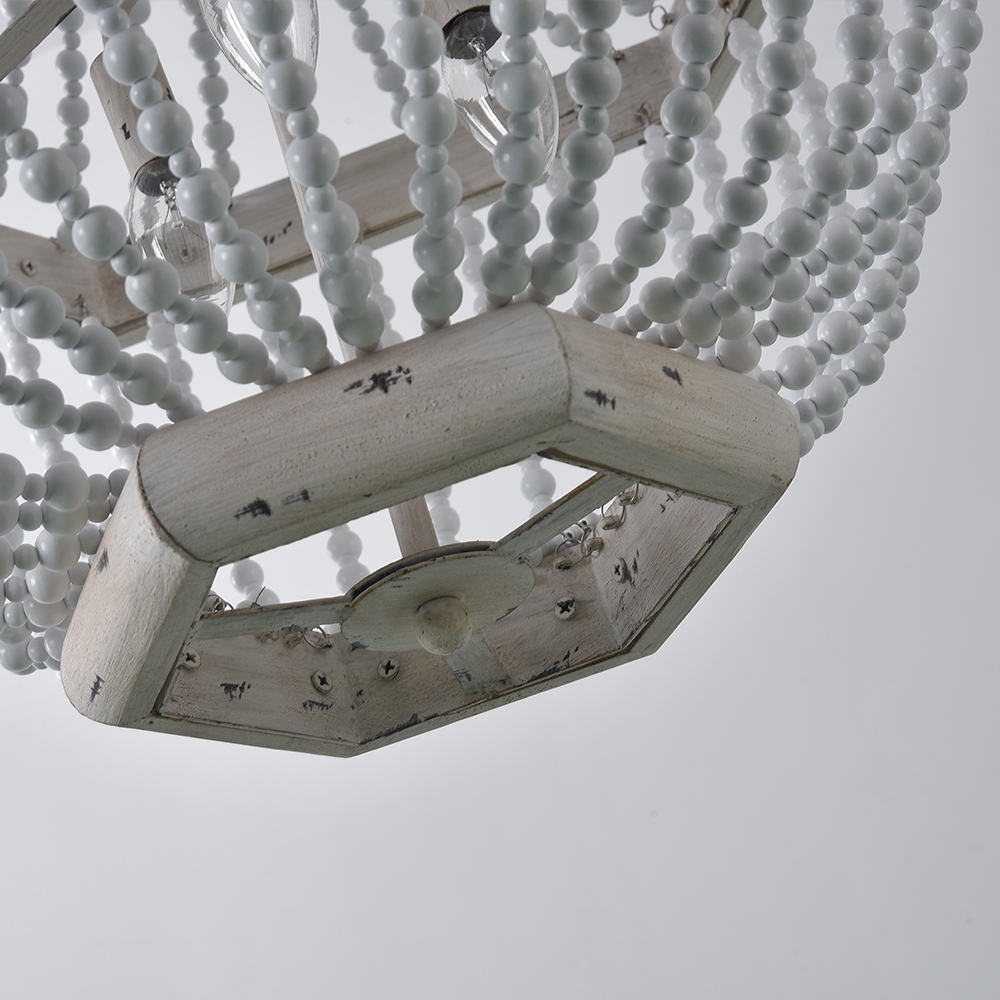 Farmhouse French Country Distressed White Wood Draped Beaded Chandelier Basket 6-Light Ceiling Light window image