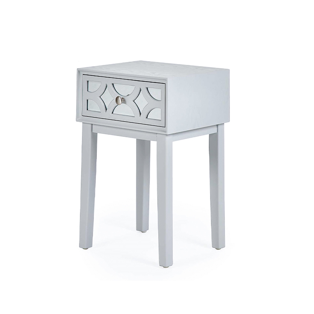 Modern Blue Nightstand with 1 Carved Glass Drawer in High Legs window image