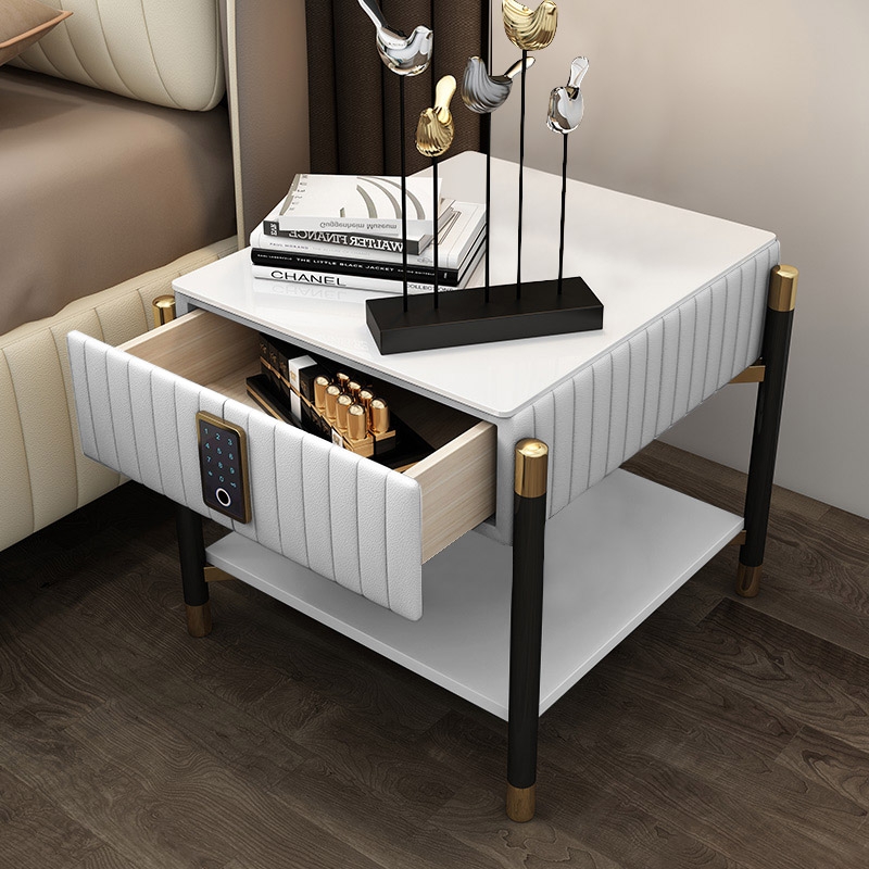 White Upholstered Bedside Table 1-Drawer Nightstands with Electronic Lock window image