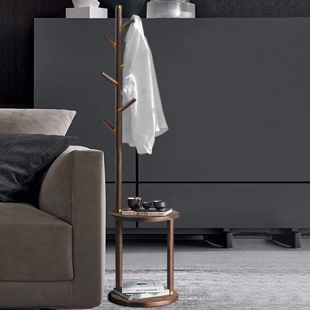 76'' Modern Black Walnut Rubber Wood Coat Rack Freestanding 6 Hooks with Round Table window image