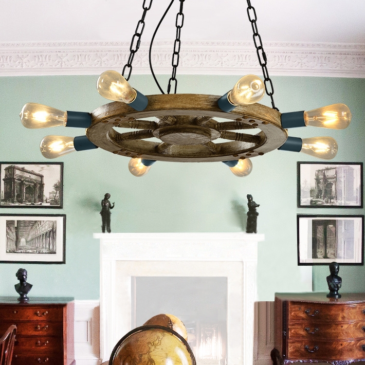 Vintage Farmhouse Distressed Wagon Wheel Light Fixture 8-Light Wagon Wheel Chandelier Black Metal window image