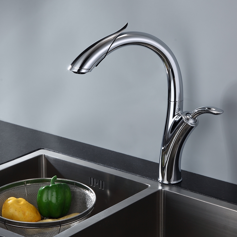 Mono Robinet de Cuisine Poignée Unique à Tirer vers Le Bas Robinet à Arc Élevé Chrome cUPC Certifié image de fenêtre