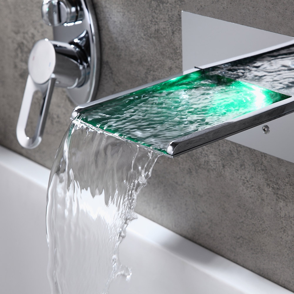 Koko Modern Polished Chrome Wall Mounted LED Waterfall Roman Tub Filler Faucet Hand Shower Set Solid Brass window image