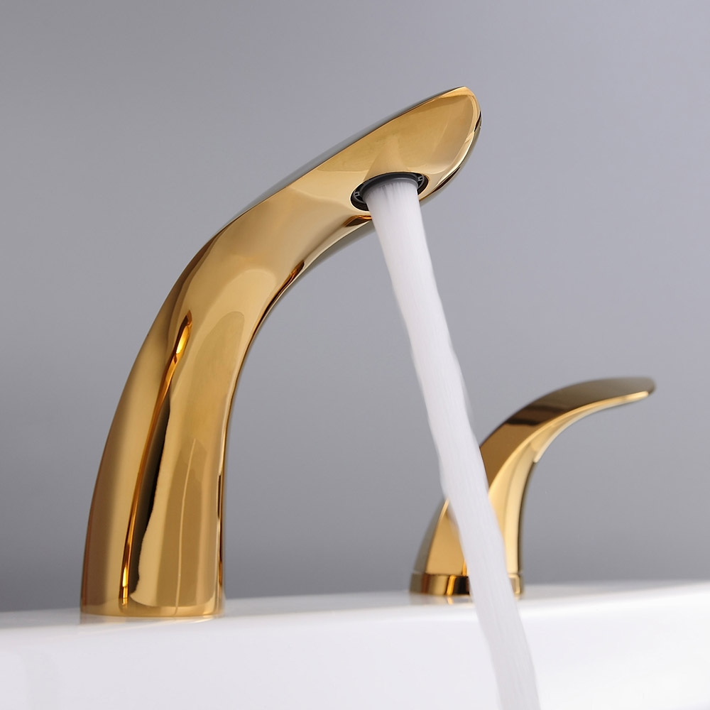 Zime Modern Aerated Spout Widespread Sink Faucet Double Handles in Gold Solid Brass window image