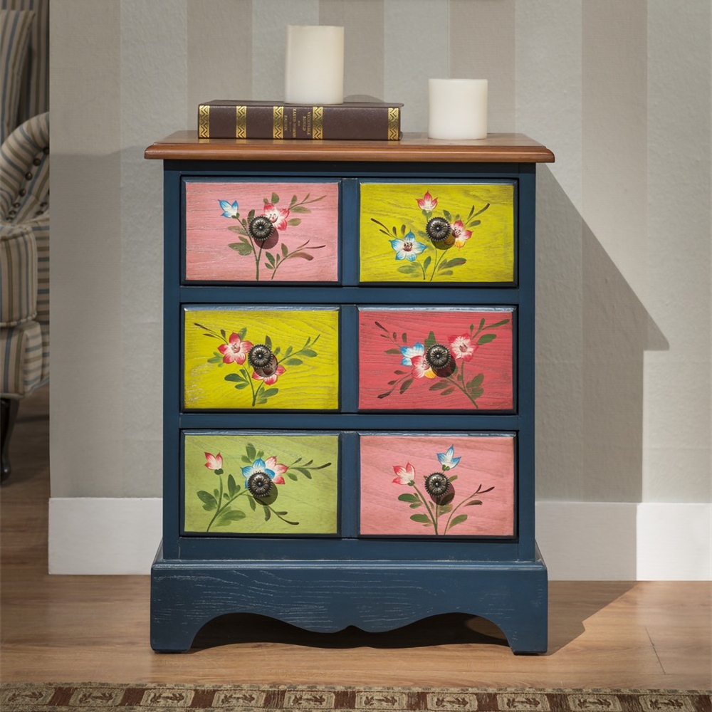 Vintage Gray&Walnut Cabinet Floral Accent Chest with 6 Drawers window image