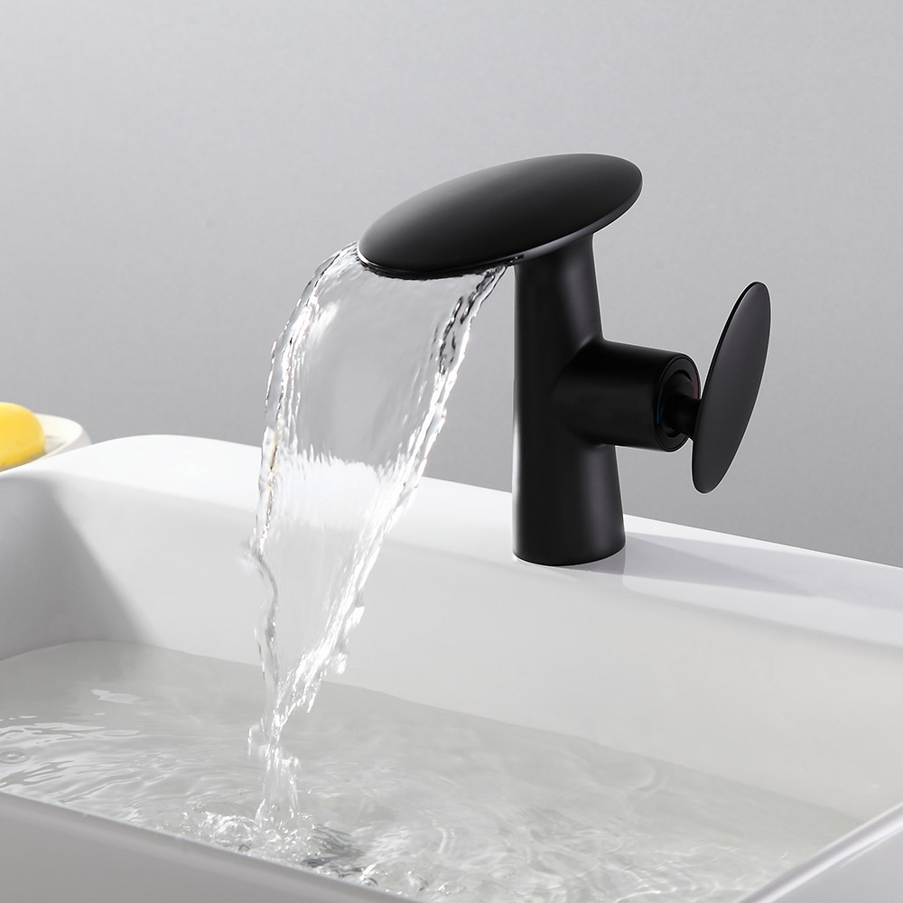 Pene Contemporain Laiton Massif Bec Cascade Bec simple poignée un trou Noir Robinet d'évier de salle de bain image de fenêtre