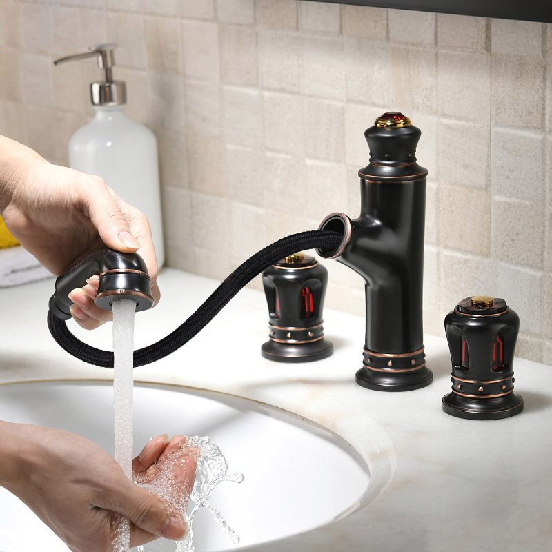 Classic Widespread Pull-Out Spray Bathroom Sink Faucet with Double Handle in Antique Black window image