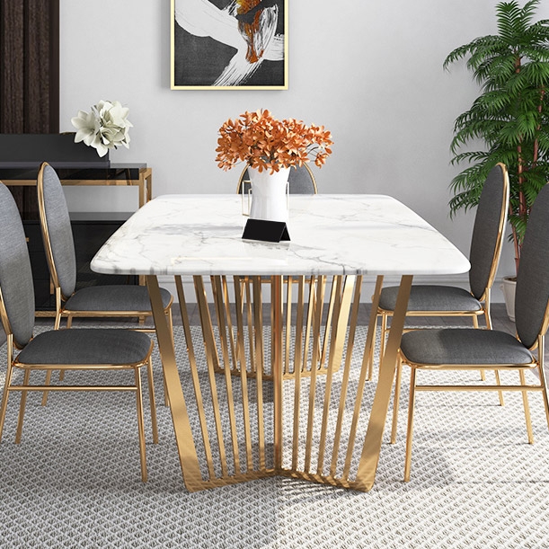 Contemporary 63" Rectangular Faux Marble Dining Table Gold Base Stainless Steel window image