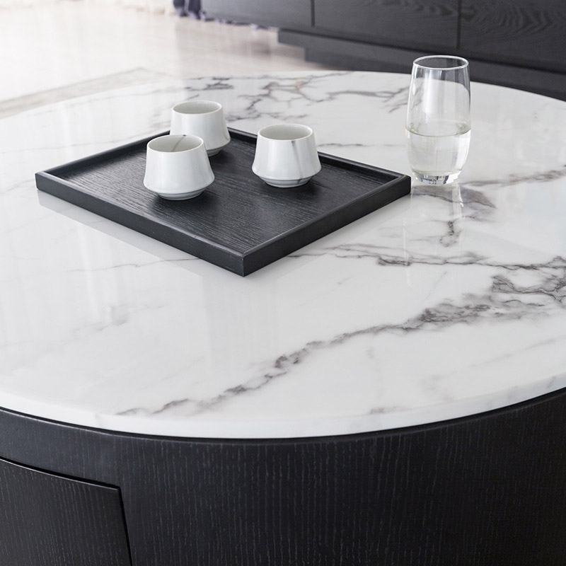 Modern Round White and Black Storage Coffee Table with Drawer & Faux Marble Top Stainless Steel Base window image