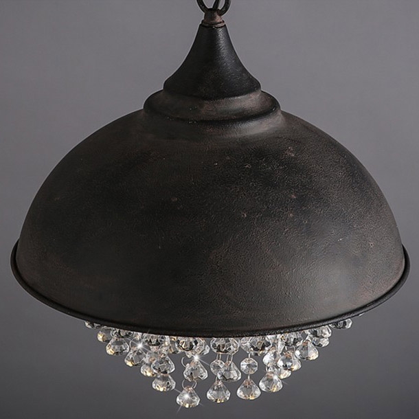 Industrial Rust Metal Dome Shade 1-Light Pendant Light with Clear Crystal Cascade window image
