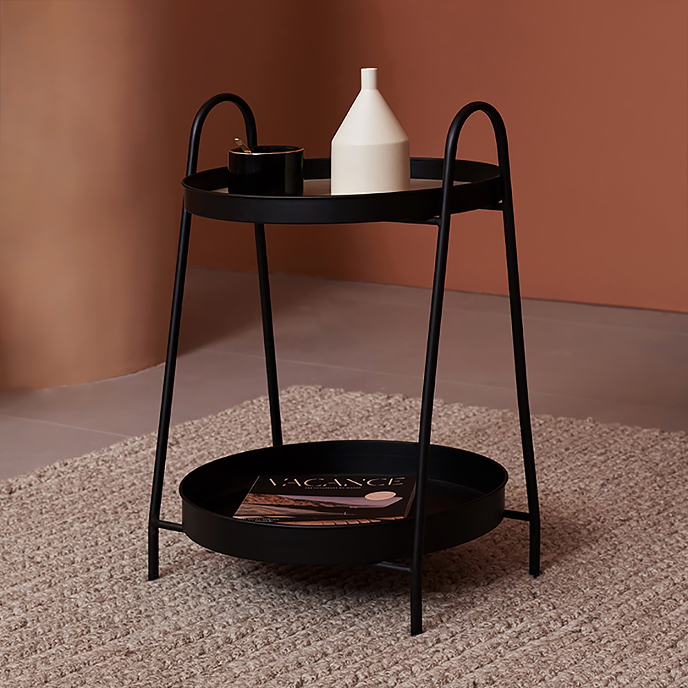 Modern Round End Table for Living Room with Storage MDF&Metal Black window image