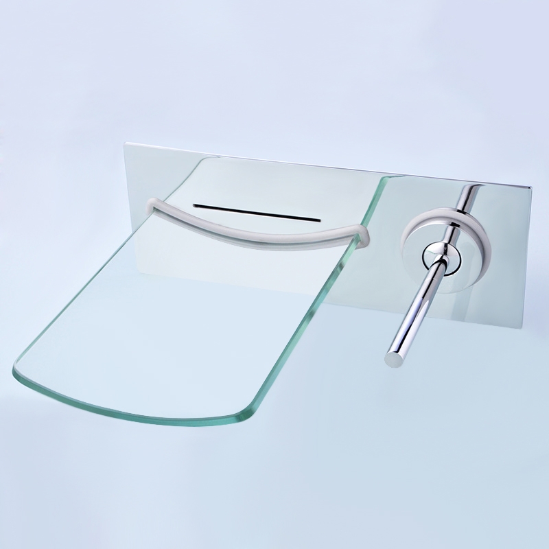 Clari Wall Mounted Chrome Glass Waterfall Spout Bathroom Sink Faucet with Single Lever Handle window image
