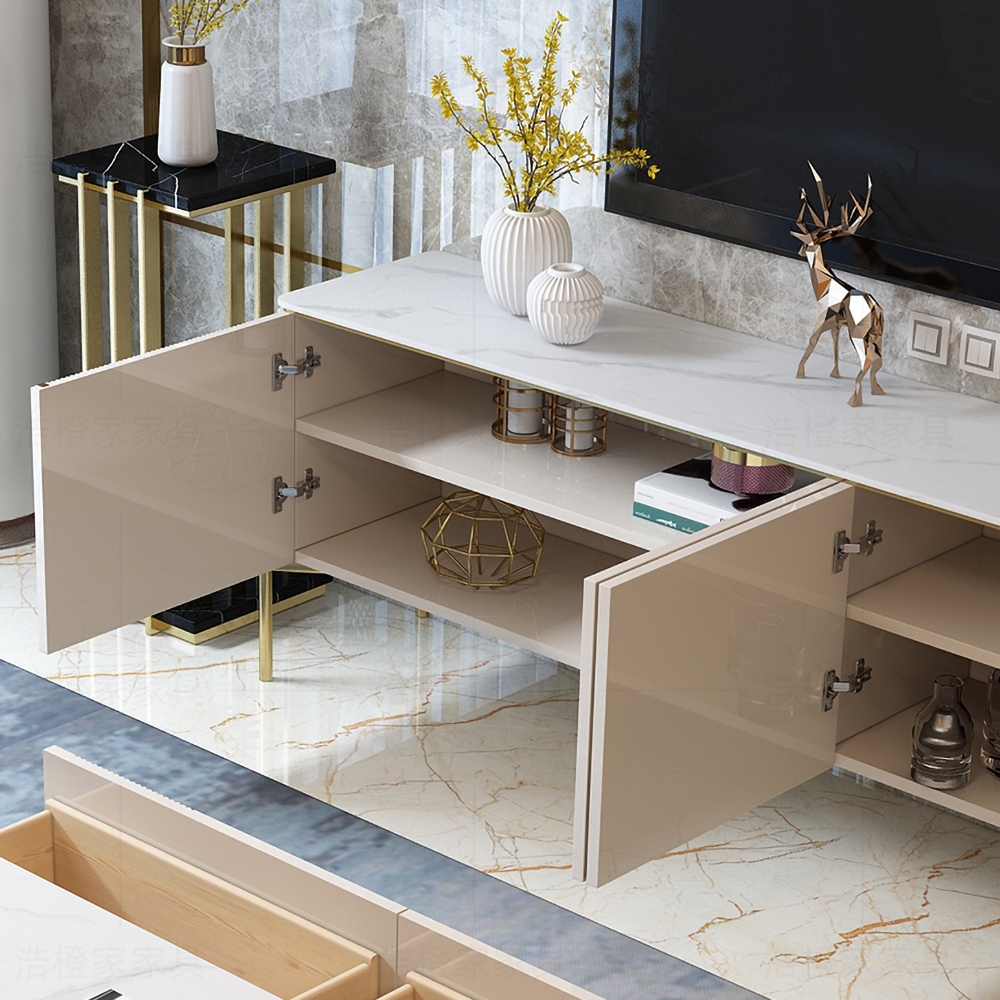 Off White Modern TV Stand with 4 Doors & 2 Shelves for TVs up to 80" in Gold window image