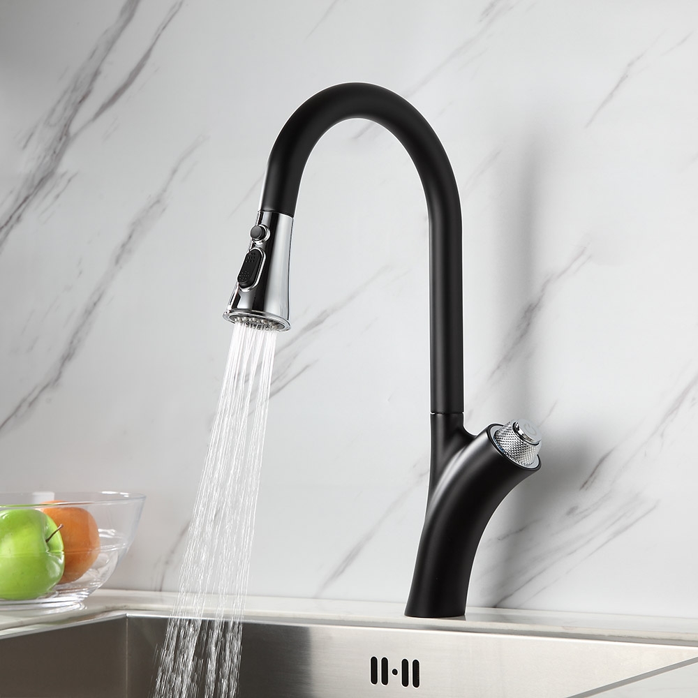 Grifo de cocina extraíble de arco alto negro y cromado con doble función pulverizador de latón macizo Imagen de ventana