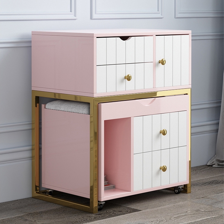 Modern Mirrored Makeup Vanity Set Dresser with Drawers & Ottoman in Pink window image
