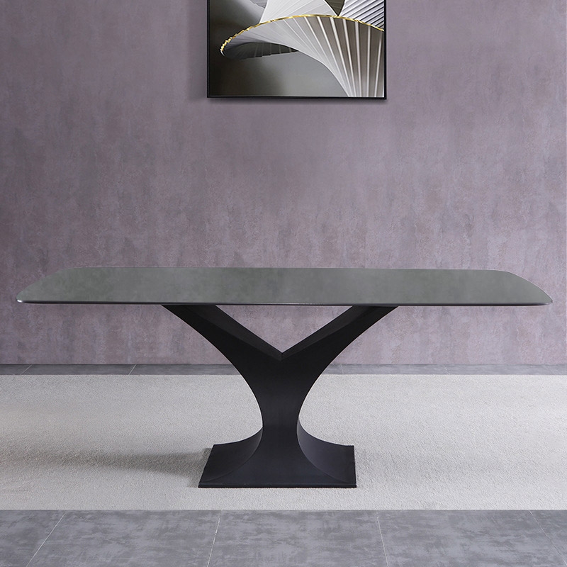 71" Modern Rectangle Stone Dining Table with Black Metal Y-Base in Gray window image