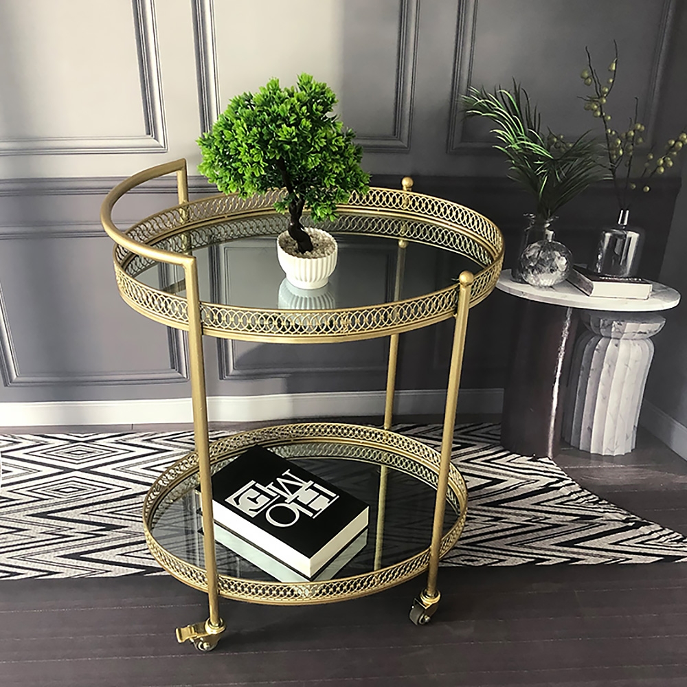 Gouden 23,6 „2-laags ovale rollende serveerbarwagen met handvat gespiegelde planken van gehard glas Vensterafbeelding