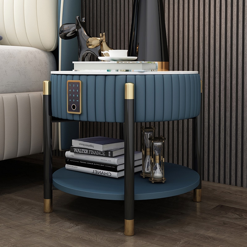 Table de chevet rembourrée bleue Tables de nuit à 1 tiroir avec serrure électronique image de fenêtre
