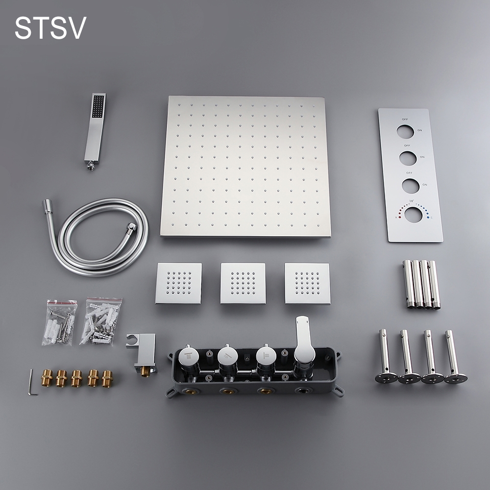 Modern Style 20" Polished Chrome Square Rain Shower System with Handheld Shower & 3 Body Sprays Solid Brass window image