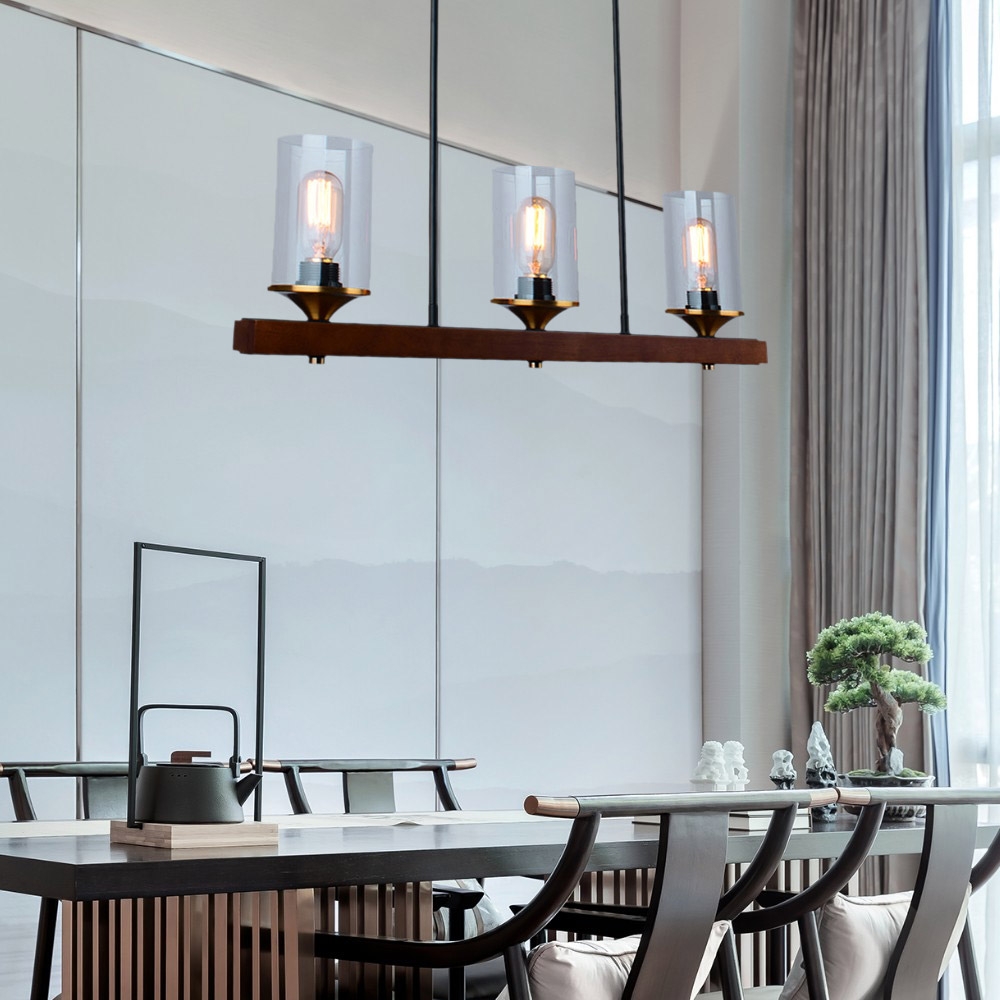 Industrial Loft Wood Beam 3-Light Island Linear Pendant Light with Clear Glass Shade Black Metal window image