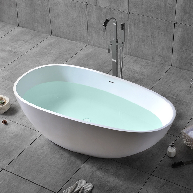Oval Freestanding Soaking Bathtub Stone Resin with Center Drain & Overflow in Glossy White window image