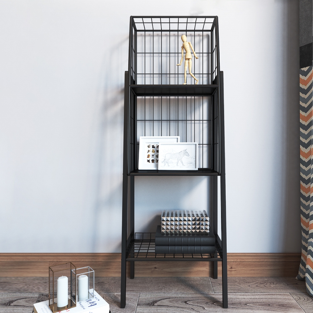 Industrial Black Bookshelf with 3-Tier Basket Office Bookcase window image