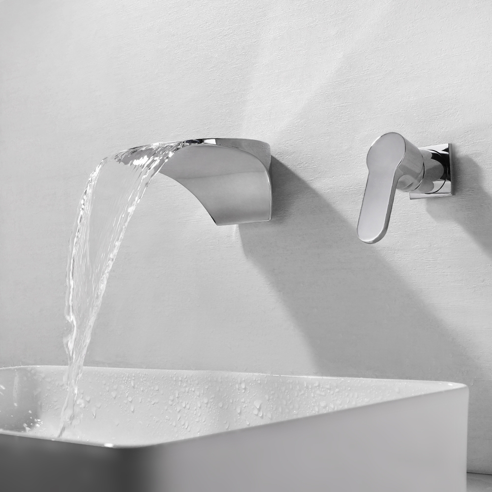 Modern LED Waterfall Wall Mounted 2-Hole Bathroom Basin Mixer Tap in Polished Chrome window image