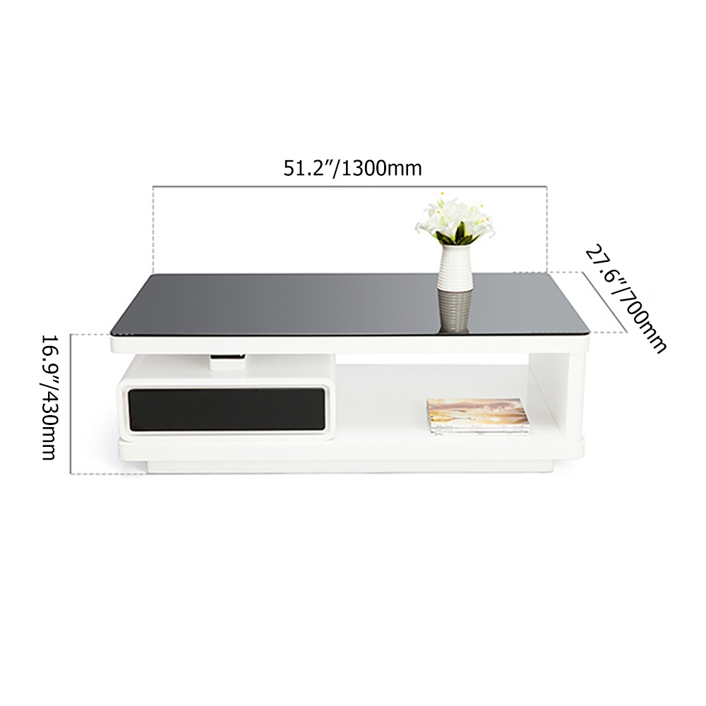 Modern Coffee Table with Drawers & Storage Tempered Glass White & Black window image