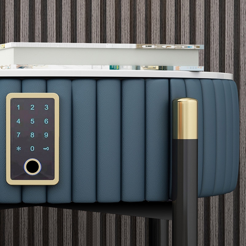 Table de chevet rembourrée bleue Tables de nuit à 1 tiroir avec serrure électronique image de fenêtre