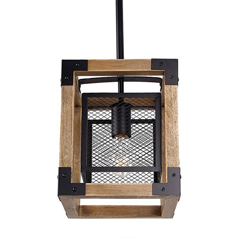 Farmhouse 1-Light Lantern Pendant Light Industrial Black Metal Wire Cage Wood Ceiling Light window image