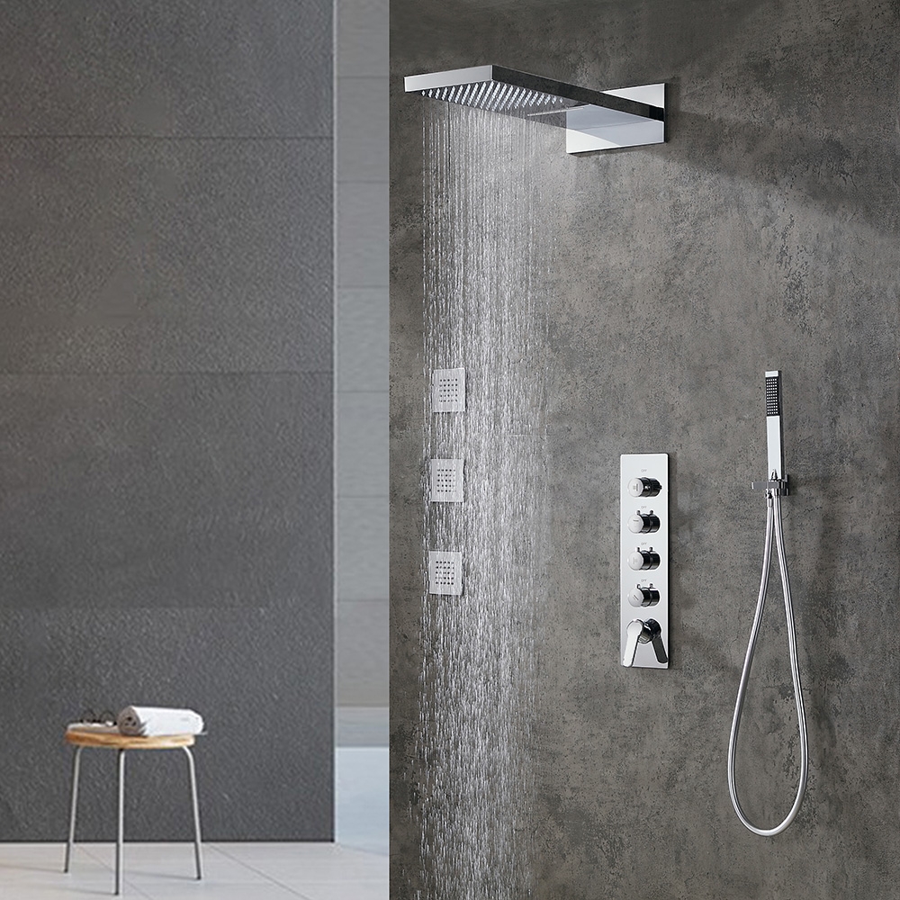 Contemporary Stylish Rain & Waterfall Wall Mount Shower System with Handhled Shower 4-Function Standard Shower Mixer Valve Polished Chrome window image