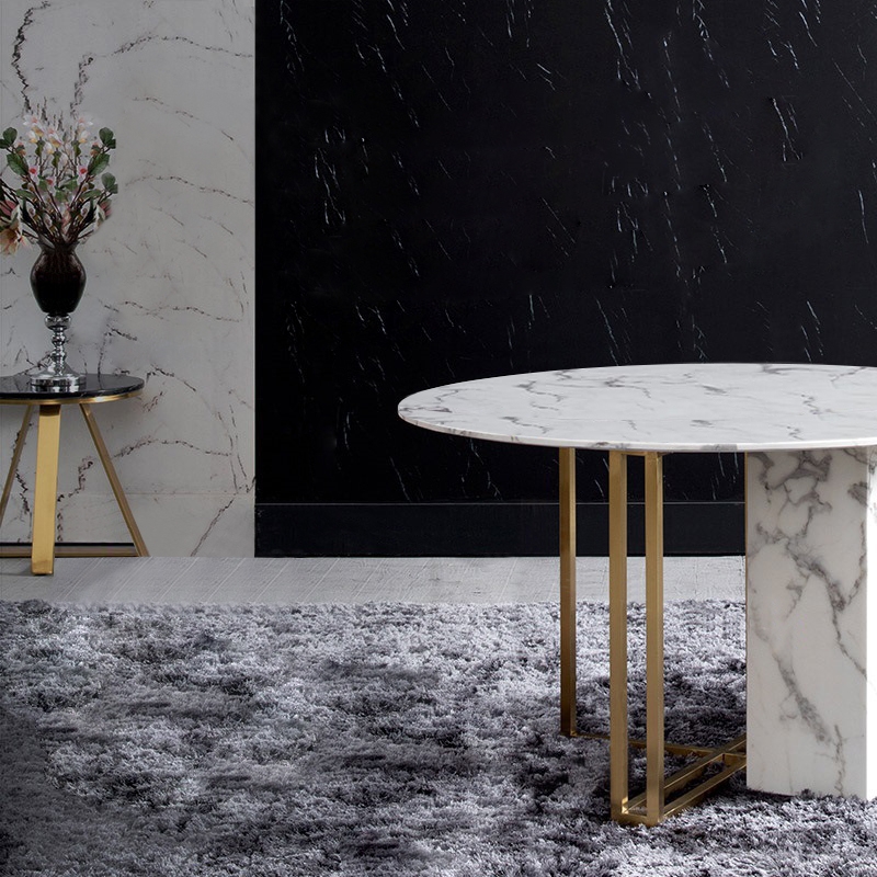 Modern Luxury 59" Round Dining Table with Faux Marble Top & Metal Base Large in Brushed Gold window image
