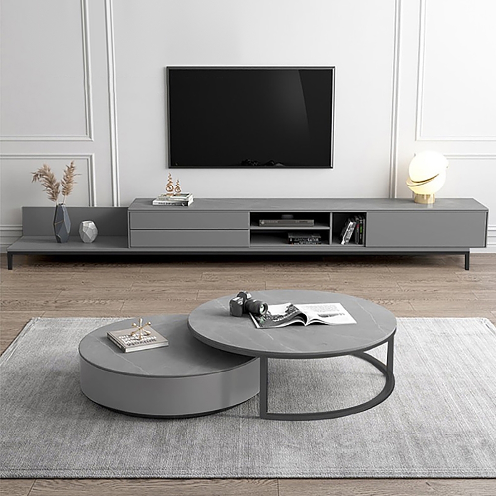 Minimalist Gray TV Stand Sintered Stone Extendable Media Console with Drawers & Shelf window image