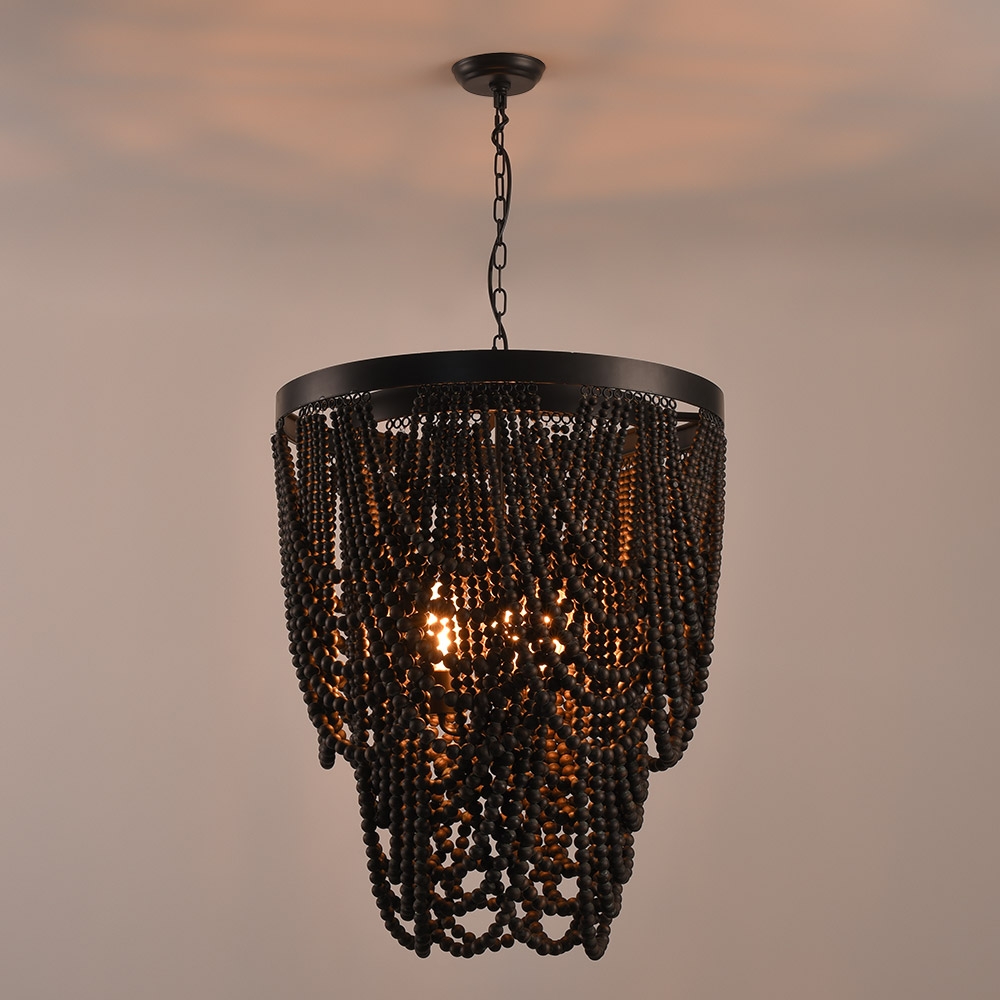 Boho Dark Brown Wooden Draped Bead 3-Light Chandelier window image