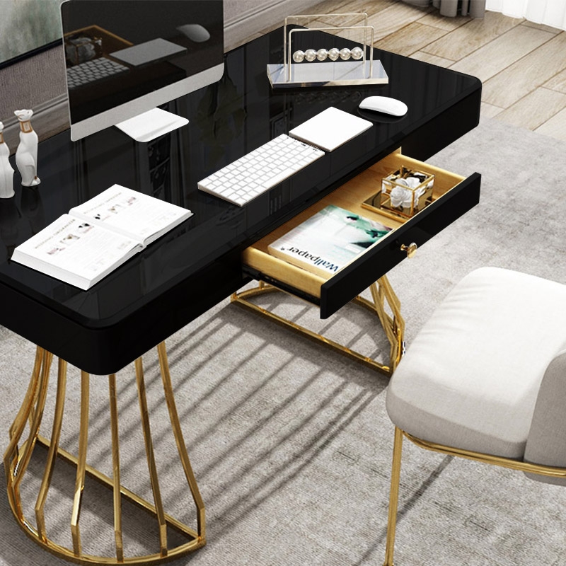 Bureau de bureau moderne en acier inoxydable avec base dorée 1200 mm Noir image de fenêtre