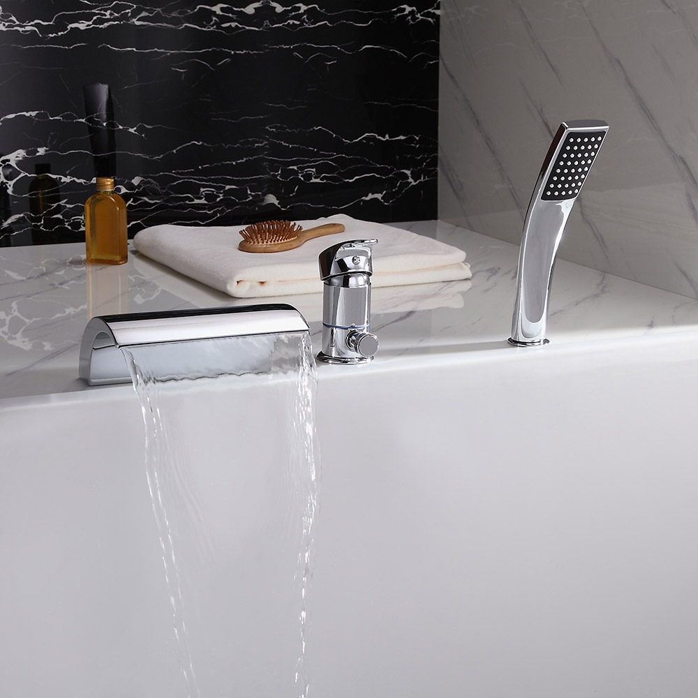 Victoria Deck Mount Single Handle Waterfall Roman Tub Faucet with Handheld Shower in Polished Chrome window image