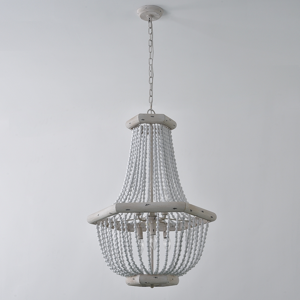 Farmhouse French Country Distressed White Wood Draped Beaded Chandelier Basket 6-Light Ceiling Light window image