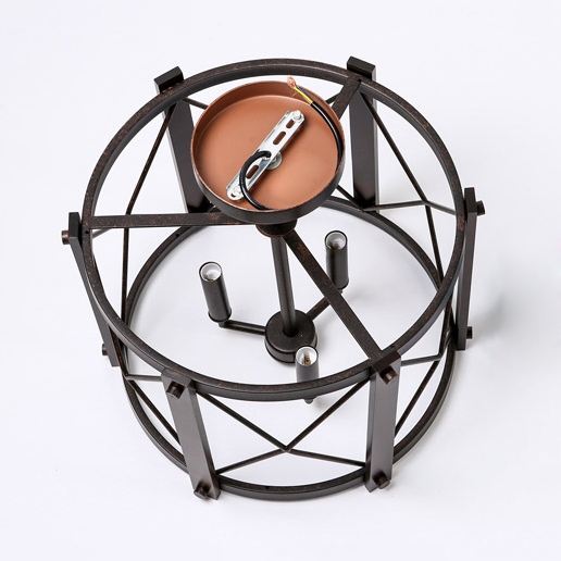 Retro Industrial 3-Light Drum-Shaped Metal & Wood Frame Semi Flush Ceiling Light in Rust window image