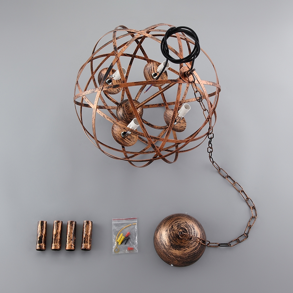Antique Brass Warehouse Orb Cage 4-Light Suspended Metal Globe Candle-Style Chandelier
