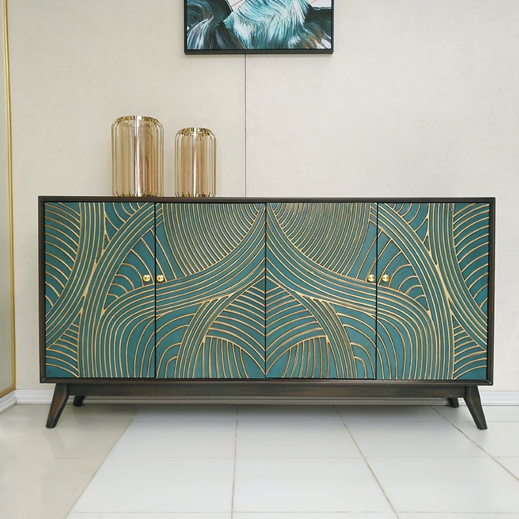 Nowi Modern 4-Door Wave Sideboard & Buffet Table Cabinet Birch MDF in Green & Gold window image