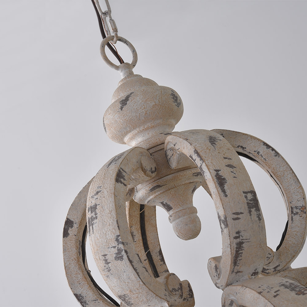 Farmhouse French Candle Style Distressed White Sphere 6-Light Chandelier Wood and Metal window image