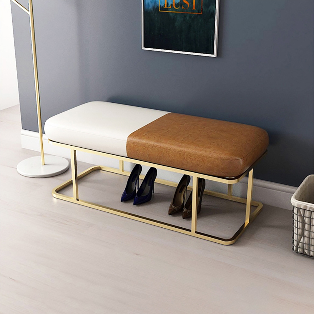 White & Brown Entryway Bench Upholstered PU Leather Modern Bench in Gold window image