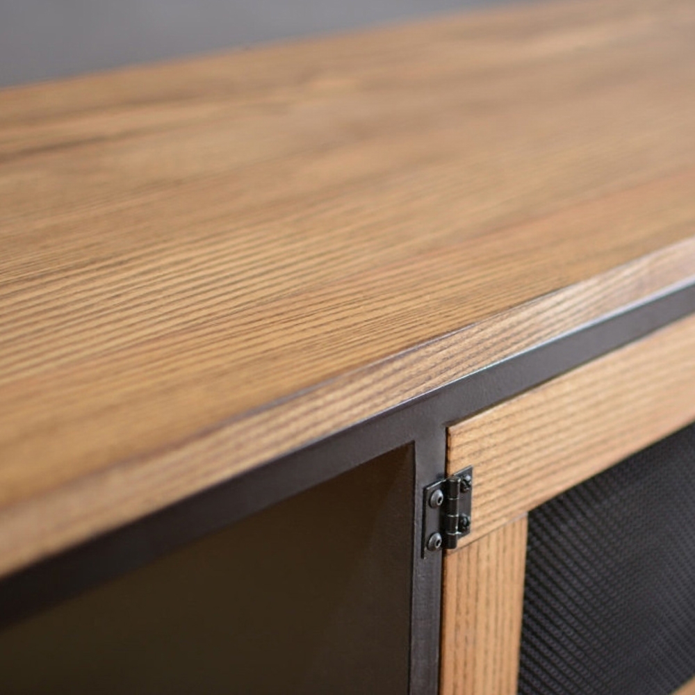 Industrial Natural TV Stand Rectangle Mesh Media Console with Storage for TVs up to 80" window image