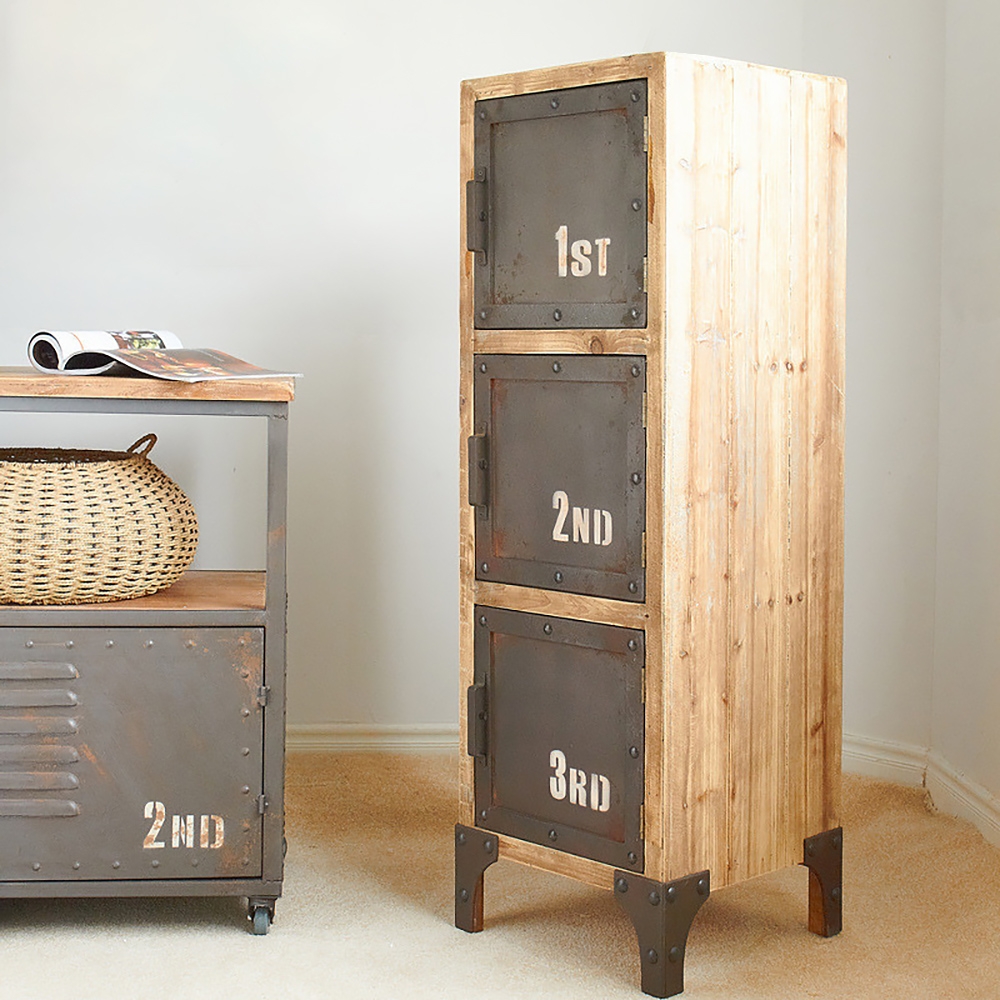 Farmhouse Tall Storage Cabinet with 3-Door Pine Wood Distressed Metal window image