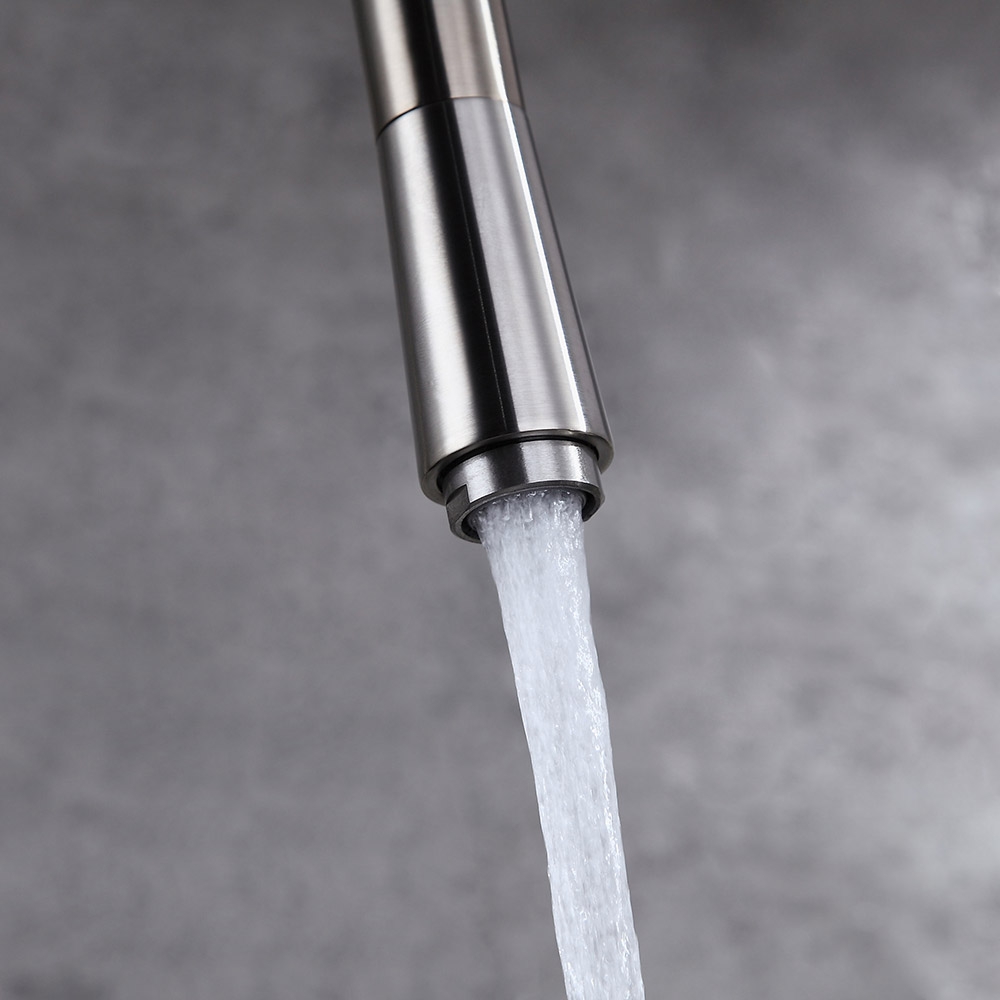 Rubinetto da cucina a spruzzo estraibile con maniglia singola Opula in nichel spazzolato Immagine della finestra