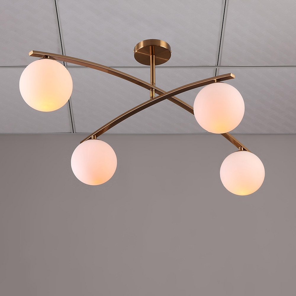Modern 4-Light White Glass Globe Brass Metal Semi Flush Mount Ceiling Light Fixture window image