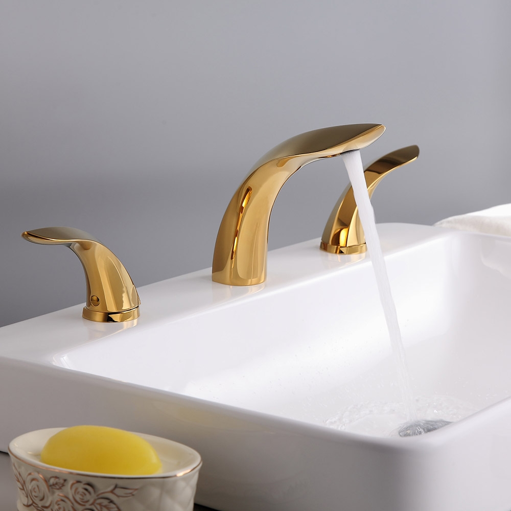 Zime Modern Aerated Spout Widespread Sink Faucet Double Handles in Gold Solid Brass window image