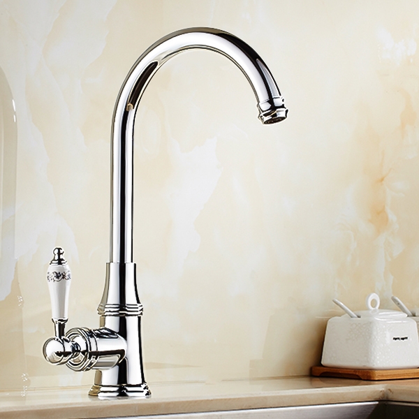 Classic Gooseneck White Single Porcelain Handle Kitchen Faucet in Solid Brass window image