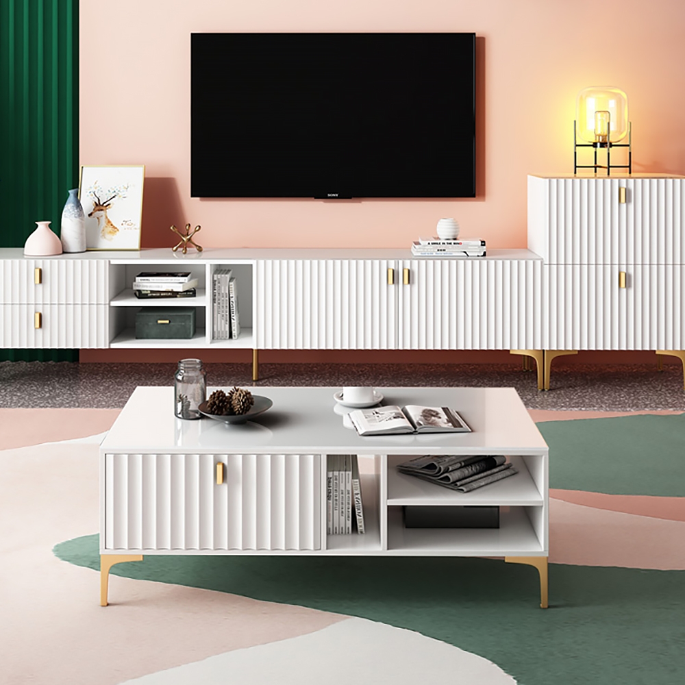 White and Gold Rectangle Coffee Table with Storage 2 Drawers & 3 Shleves window image